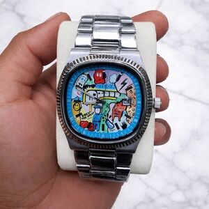 Silver Stainless Steel Watch with Blue Multi-Color Dial